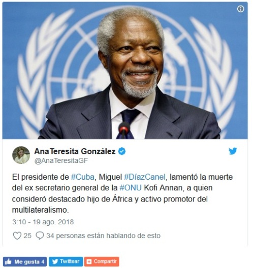 Presidente de Cuba lamenta la muerte de Kofi Annan